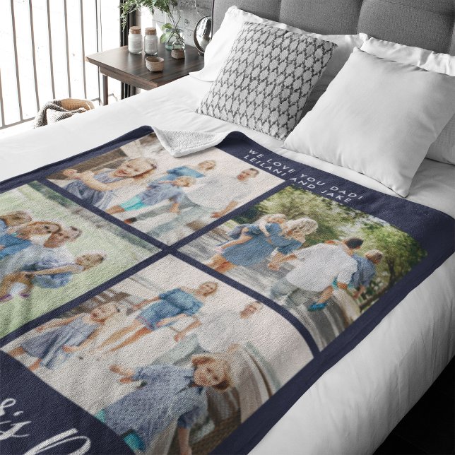 Couverture Polaire Happy Fête des pères Photo Collage Navy Blue (Happy Father's Day script font with 8 family photo slots along with a custom message)