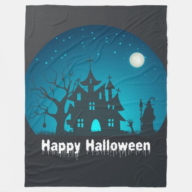 Couverture Polaire Happy Halloween Maison hantée bleue et noire (Devant)