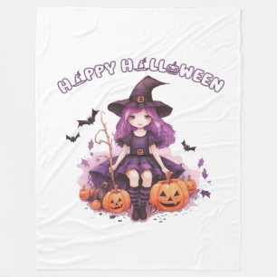 Couverture Polaire Happy Halloween violet sorcière Citrouilles et cha