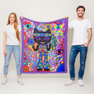 Couverture Polaire Happy Hippie Chat Lunettes de soleil Paix Signale