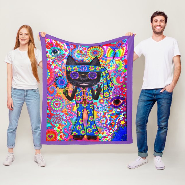 Couverture Polaire Happy Hippie Chat Lunettes de soleil Paix Signale  (En situation)