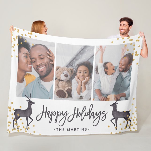 Couverture Polaire Happy Holidays Deer and Confetti Photo Collage (En situation)