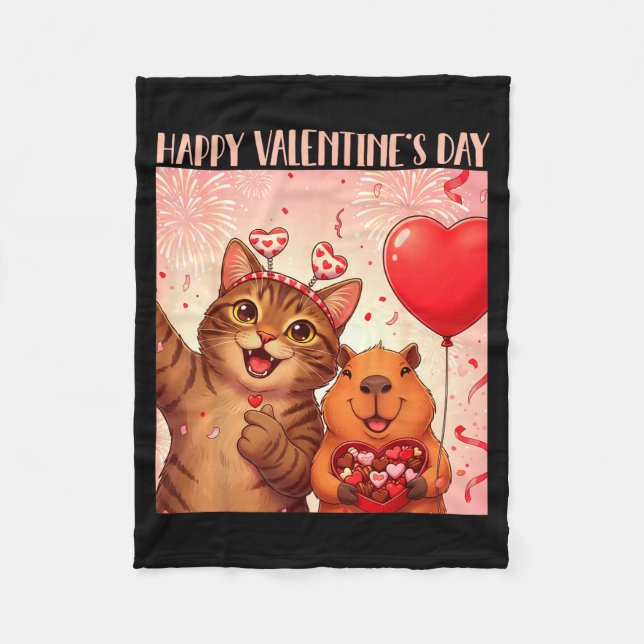 Couverture Polaire Happy Valentines 2026 Cute Cat Capybara Party Art  (Devant)
