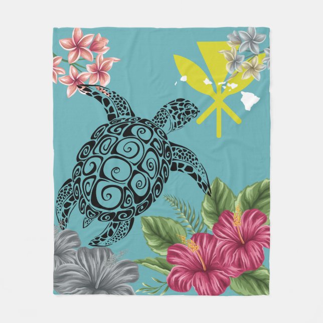 Couverture Polaire Hawaii Kanaka Tortue Hibiscus Plumeria Tropical (Devant)