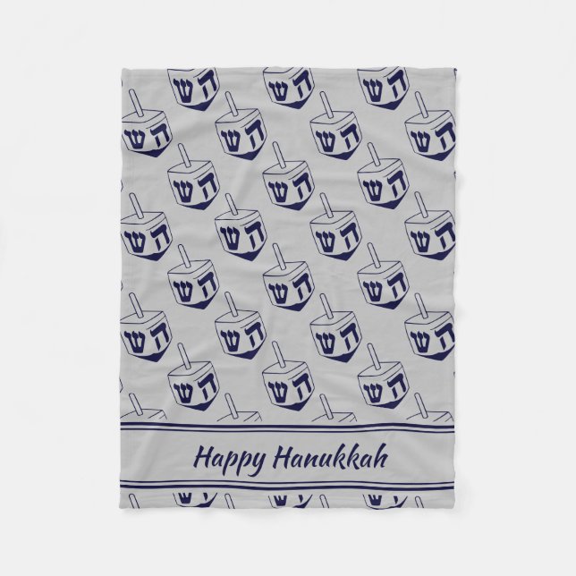 Couverture Polaire HEUREUX HANOUKKA Dreidel Modern SILVER GRAY Navy (Devant)