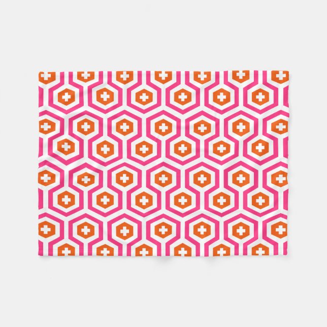 Couverture Polaire Hexagone orange rose géométrique et motif croisé (Devant (Horizontal))