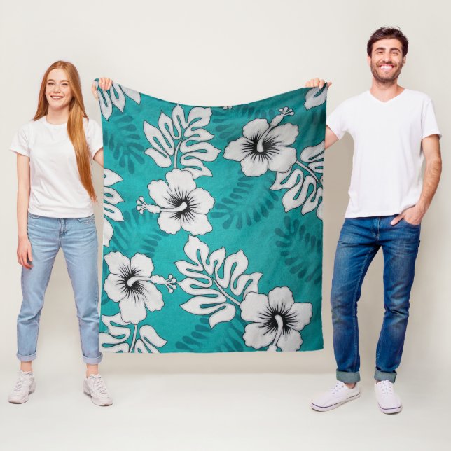 Couverture Polaire Hibiscus Blanc Motif Floral Sur Aqua Turquoise (En situation)