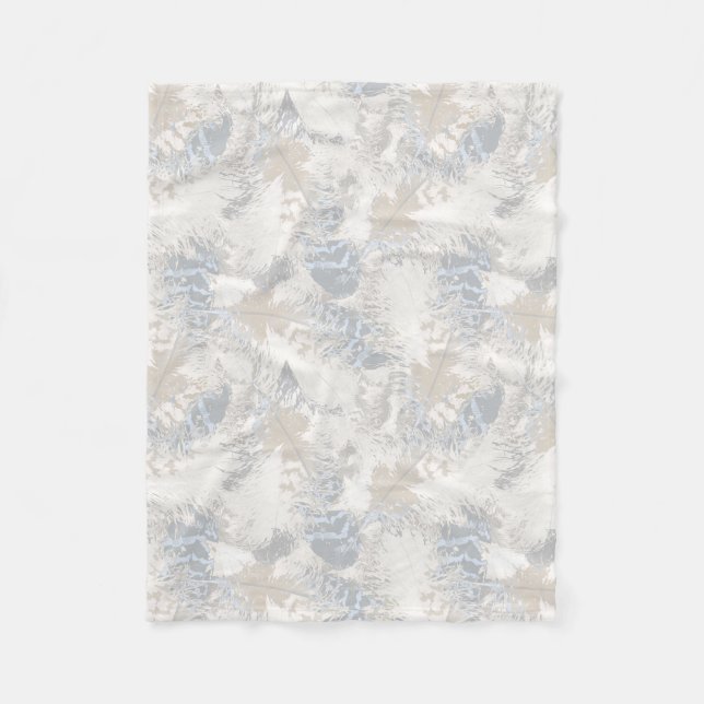 Couverture Polaire hibou Plumes, gris, beige et bleu, oiseau, léger, (Devant)