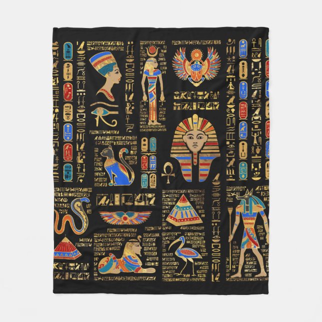 Couverture Polaire Hiéroglyphes et divinités égyptiens en noir (Devant)