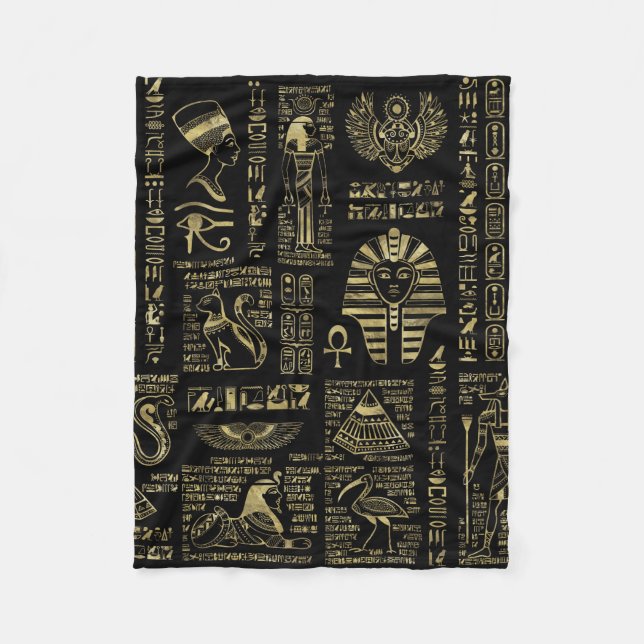 Couverture Polaire Hiéroglyphes et divinités égyptiens or sur noir (Devant)