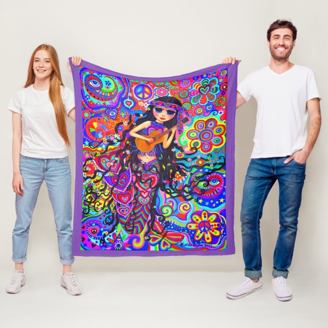 Couverture Polaire Hippie psychédélique Mermaid Guitar Coeur mûr (En situation)