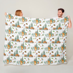 Couverture Polaire Hiver Cosy Nature Fox Rabbit Oiseaux Pine Cônes