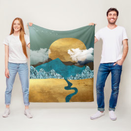 Couverture Polaire Horizon Doré avec Montagnes Bleues