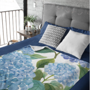 Couverture Polaire Hortensia Bleu Floral Côté Mer Aquarelle