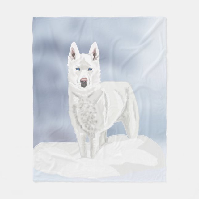 Couverture Polaire Husky blanc dans la neige (Devant)