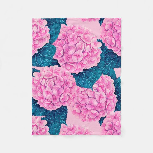 Couverture Polaire Hydrangea aquarelle motif, rose et bleu (Devant)