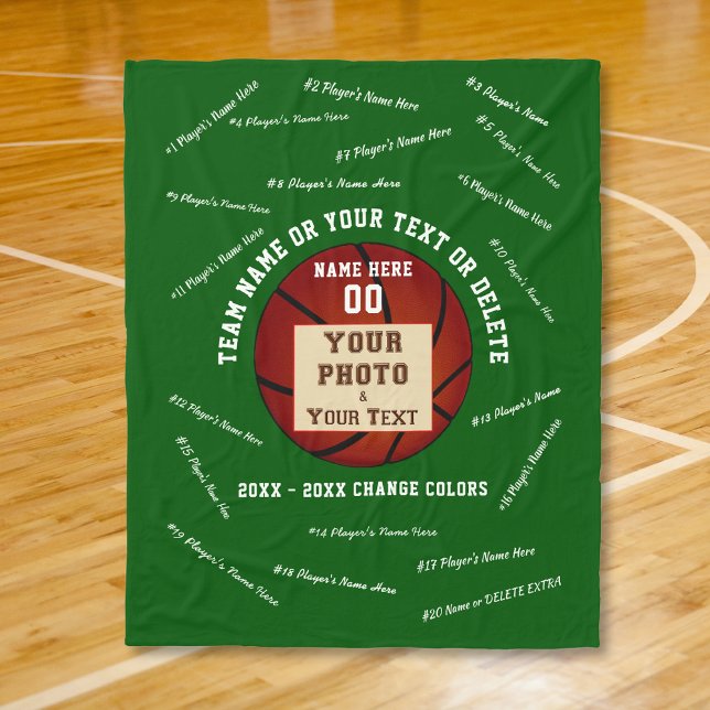 Couverture Polaire Idées cadeaux de basket-ball de nuit, photo et tex (Ideas for senior night basketball. Basketball Blanket. Senior basketball gifts. Green and White.)