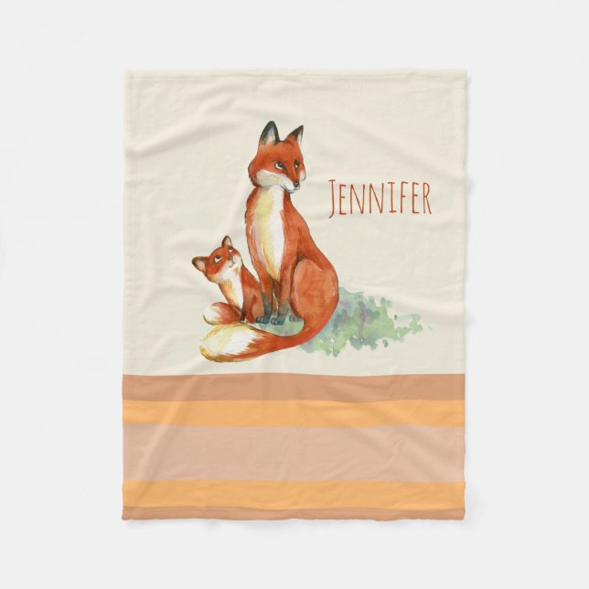 Couverture Polaire Illustration de l'aquarelle Momma Fox et Baby (Devant)