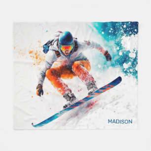 Couverture Polaire Illustration de snowboarder de nom personnalisé