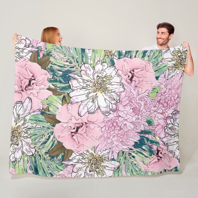 Couverture Polaire Illustration florale rose et blanche de mignonne f (En situation)