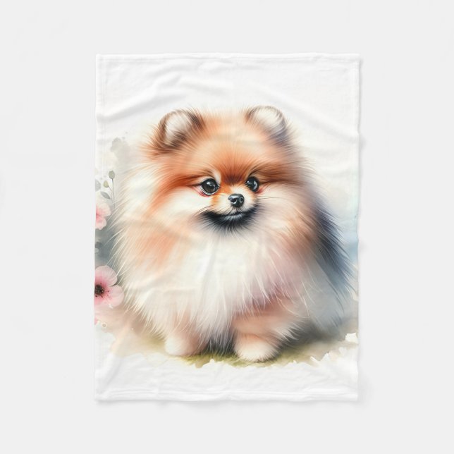 Couverture Polaire Image d'aquarelle mignonne Pomeranian (Devant)