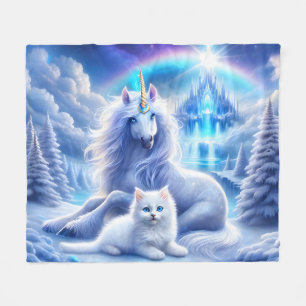 Couverture Polaire Imaginaire d'hiver avec belle licorne et Kitten