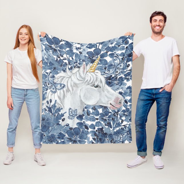 Couverture Polaire Imaginaire Unicorn Fleurs Bleues Papillons Fille (En situation)