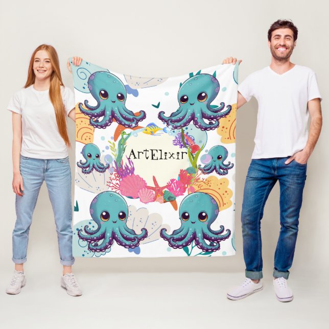 Couverture Polaire Impression octopus bleu mou (En situation)
