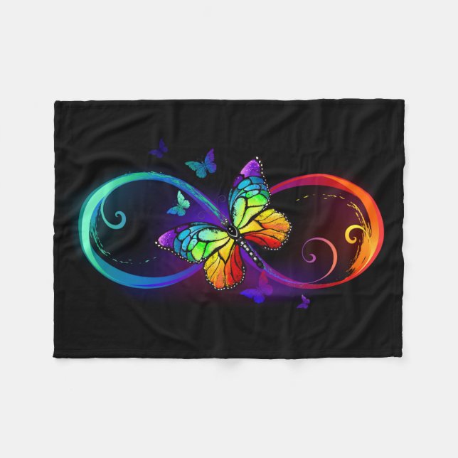 Couverture Polaire Infini vibrant avec papillon arc-en-ciel sur noir (Devant (Horizontal))