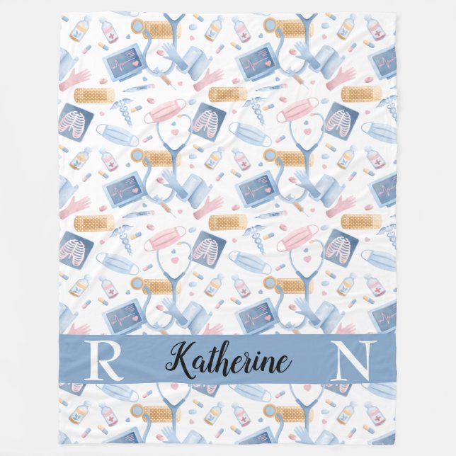Couverture Polaire Infirmière aquarelle | Dr Médicale Collage bleu ro (Devant)