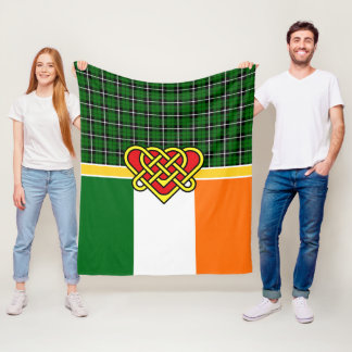 Couverture Polaire Irlande Tartan, drapeau d'Irlande, coeur celtique,