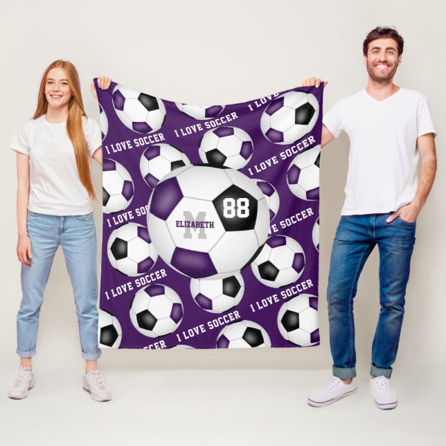 Couverture Polaire J'adore le motif texte de football violet noir (En situation)