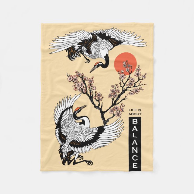 Couverture Polaire Japanese crane bird and blooming sakura (Devant)