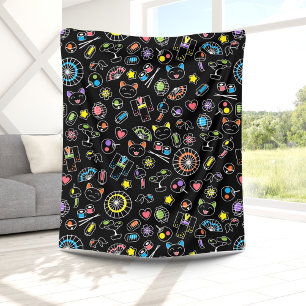 Couverture Polaire Japonais Kawaii Doodles de culture sur le noir