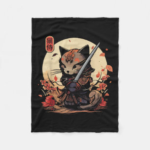 Couverture Polaire Japonais Samurai Chat Tattoo, Kawaii Ninja Chat _2