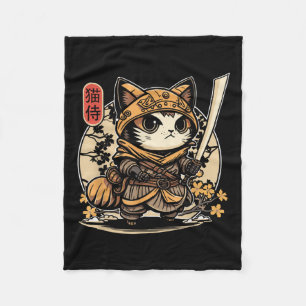 Couverture Polaire Japonais Samurai Chat Tattoo, Kawaii Ninja Chat _3