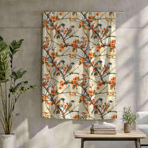 Couverture Polaire Jardin d'automne Oiseaux et fleurs Orange Cuivre B