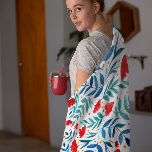 Couverture Polaire Jardin magique - rouge et turquoise.