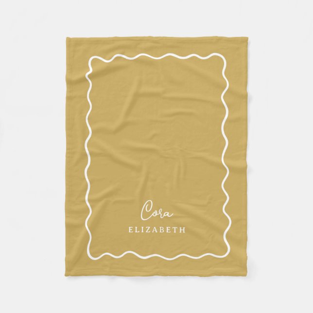 Couverture Polaire Jaune Moutarde Bordure Ondulée Monogrammée (Devant)
