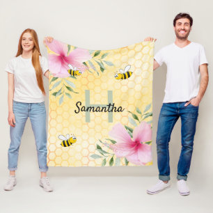 Couverture Polaire Jaune nid d'abeille rose fleuron nom monogramme
