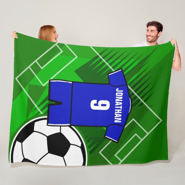 Couverture Polaire Jersey de soccer personnalisé bleu avec blanc (En situation)