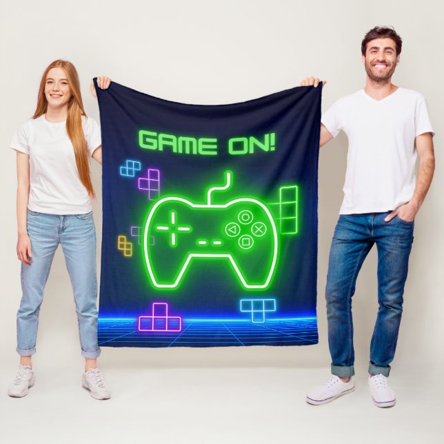 Couverture Polaire Jeu sur néon vert, bleu jeu vidéo (En situation)