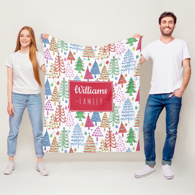 Couverture Polaire Joli arbre de Noël Motif avec nom de famille (En situation)
