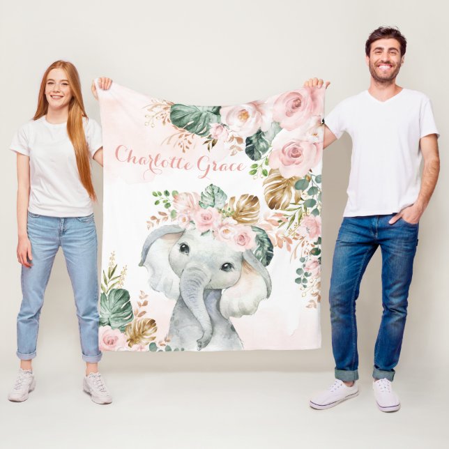 Couverture Polaire Joli Boho Tropical Elephant Blush Rose Floral (En situation)