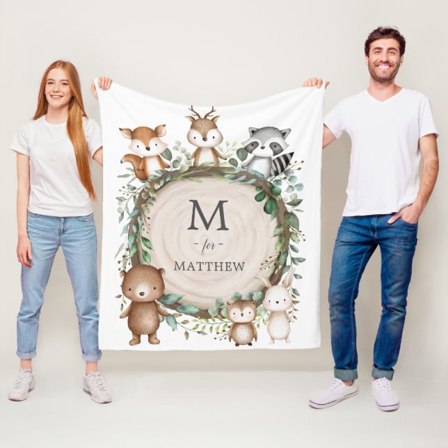 Couverture Polaire Joli Bois Animaux Végétation Monogramme Personnali (En situation)
