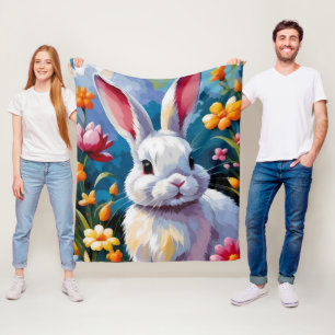 Couverture Polaire Joli Lapin Blanc Entouré de Fleurs Vibrantes