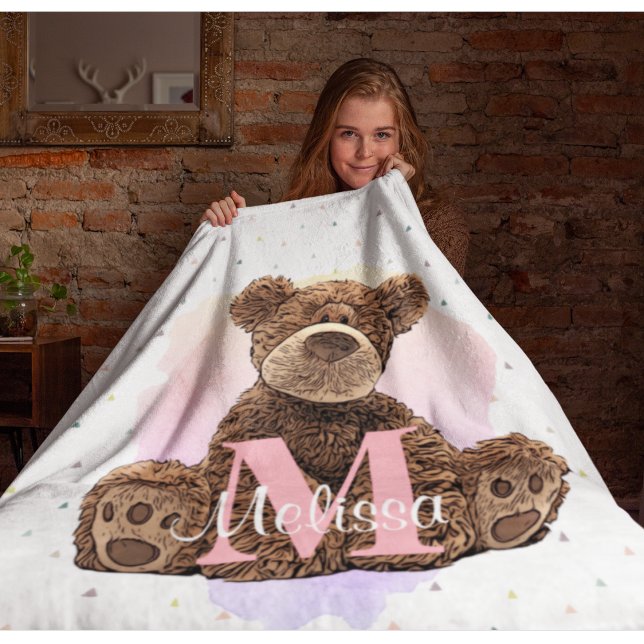 Couverture Polaire Joli Monogramme Enfants Nom Pink Teddy Bear (Créateur téléchargé)