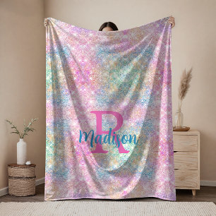 Couverture Polaire Joli monogramme iridescent licorne rose faux paill