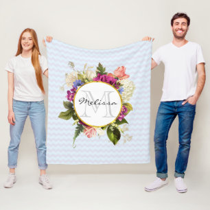 Couverture Polaire Joli rose Aquarelle Fleurs Monogramme