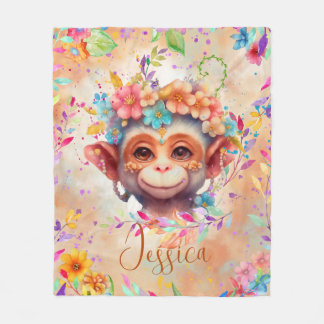 Couverture Polaire Joli Singe Aquarelle avec fleurs
